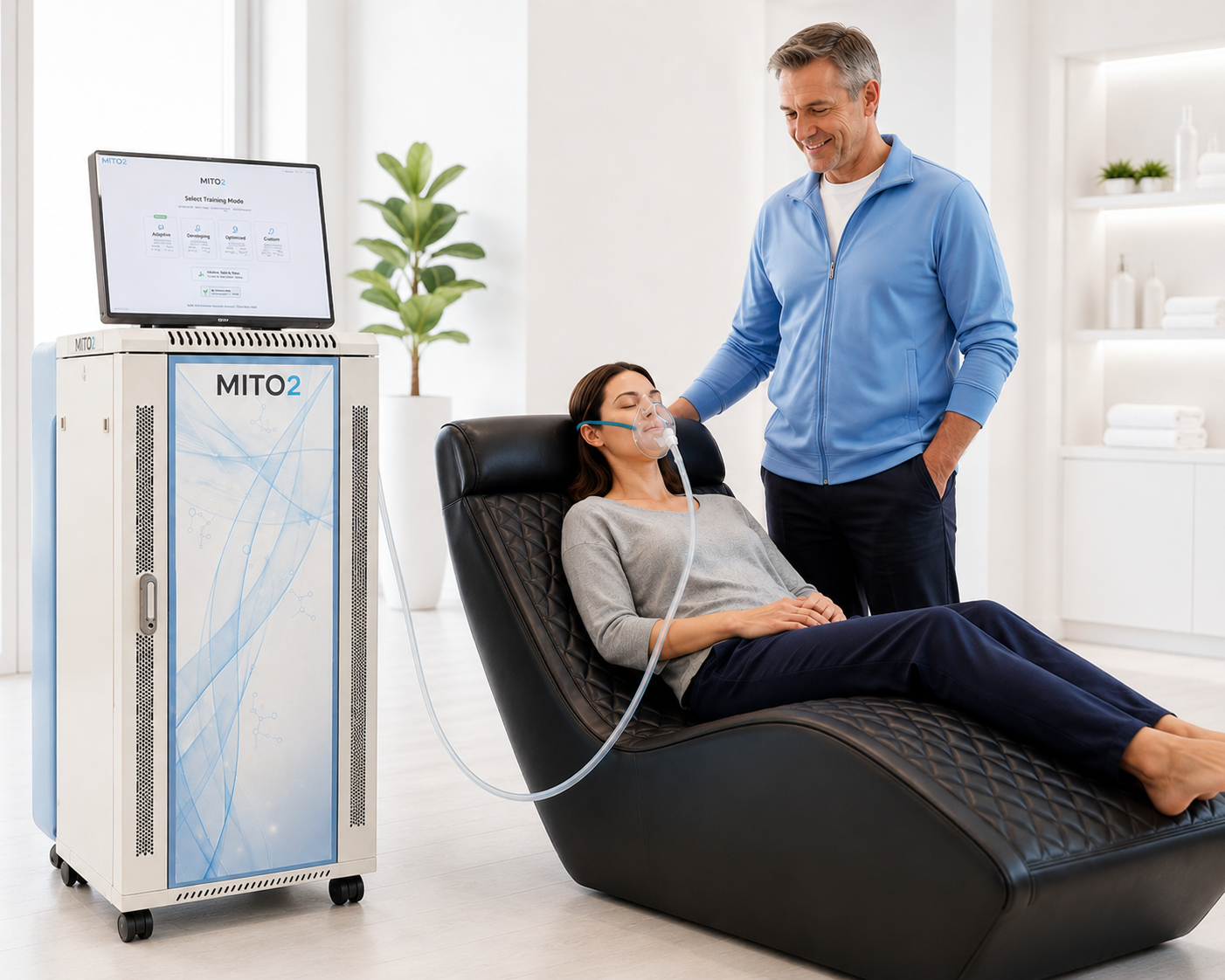 Facility staff member guiding a client through a Mito2 IHHT machine session in a bright wellness studio