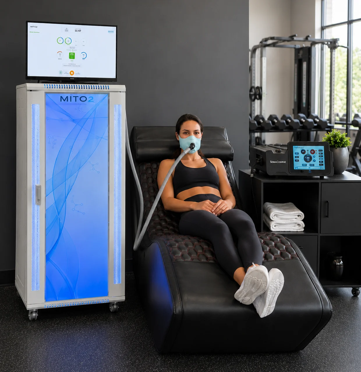 Client relaxing in the Oasis SMART Lounger™ beside a Mito2 unit in a modern gym