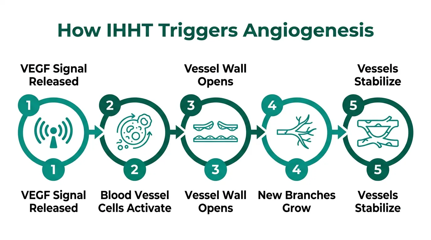 Angiogenesis 5-step infographic: 1. VEGF Signal Released, 2. Blood Vessel Cells Activate, 3. Vessel Wall Opens, 4. New Branches Grow, 5. Vessels Stabilize