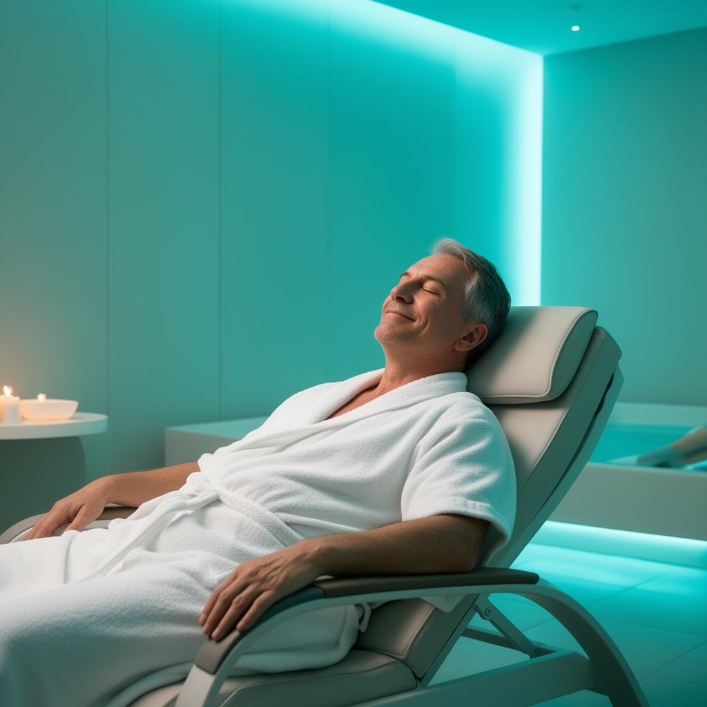 Peaceful man relaxing after a wellness session, eyes closed and smiling