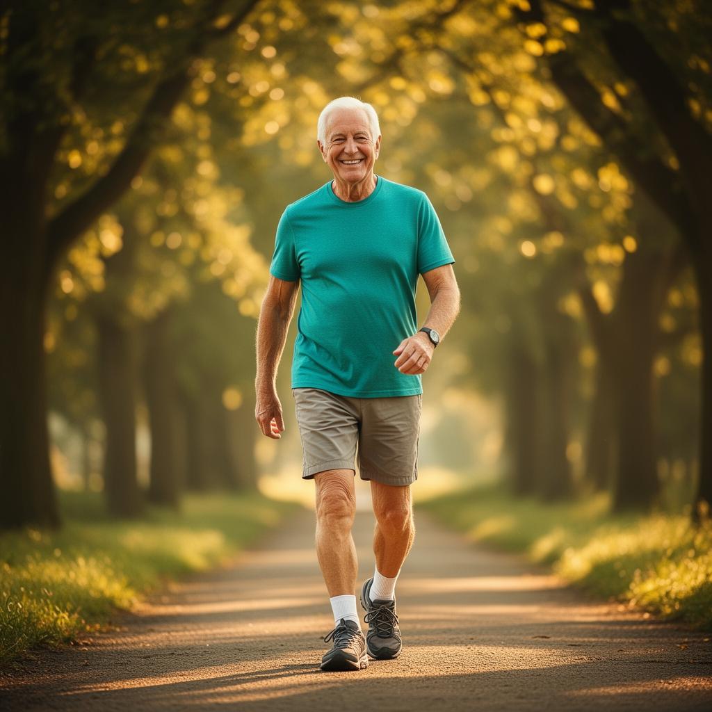 Active senior man walking confidently outdoors on a tree-lined path