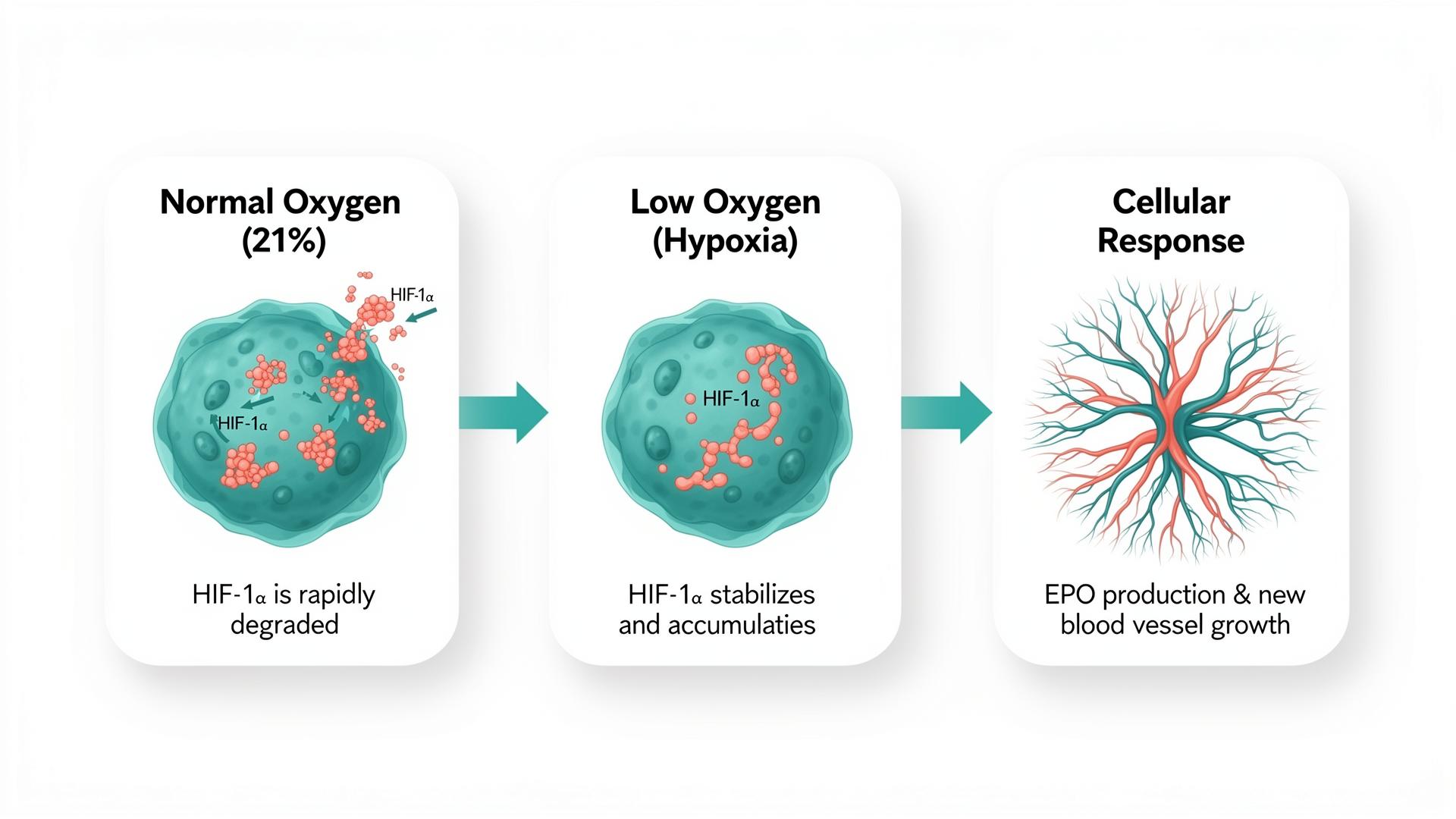HIF-1α oxygen sensing pathway infographic: Normal Oxygen where HIF-1α is degraded, Low Oxygen (Hypoxia) where HIF-1α stabilizes and accumulates, and Cellular Response showing EPO production and new blood vessel formation