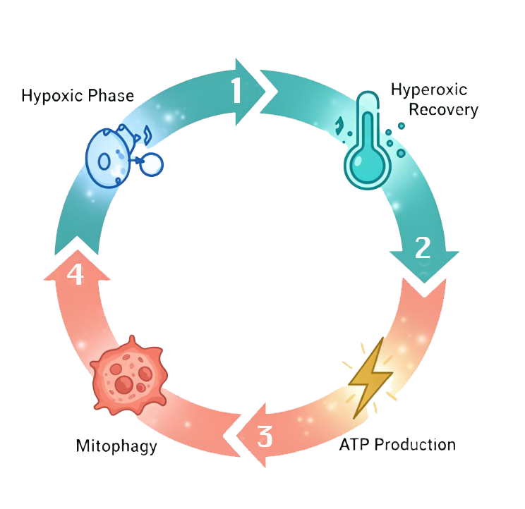IHHT oxygen therapy 4-step cycle diagram: Hypoxic Phase, Hyperoxic Recovery, Mitophagy, ATP Production