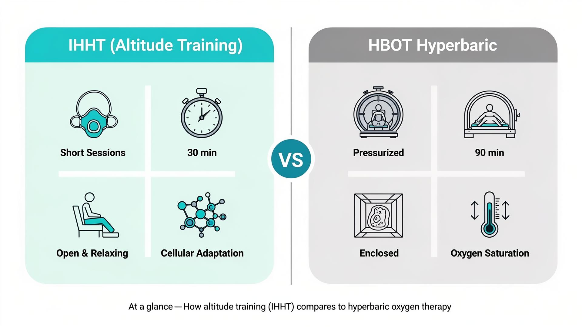 IHHT vs HBOT comparison infographic: IHHT uses a breathing mask, 30 min sessions, open relaxing environment with cellular adaptation. HBOT uses a pressurized chamber, 90 min sessions, enclosed space with oxygen saturation.