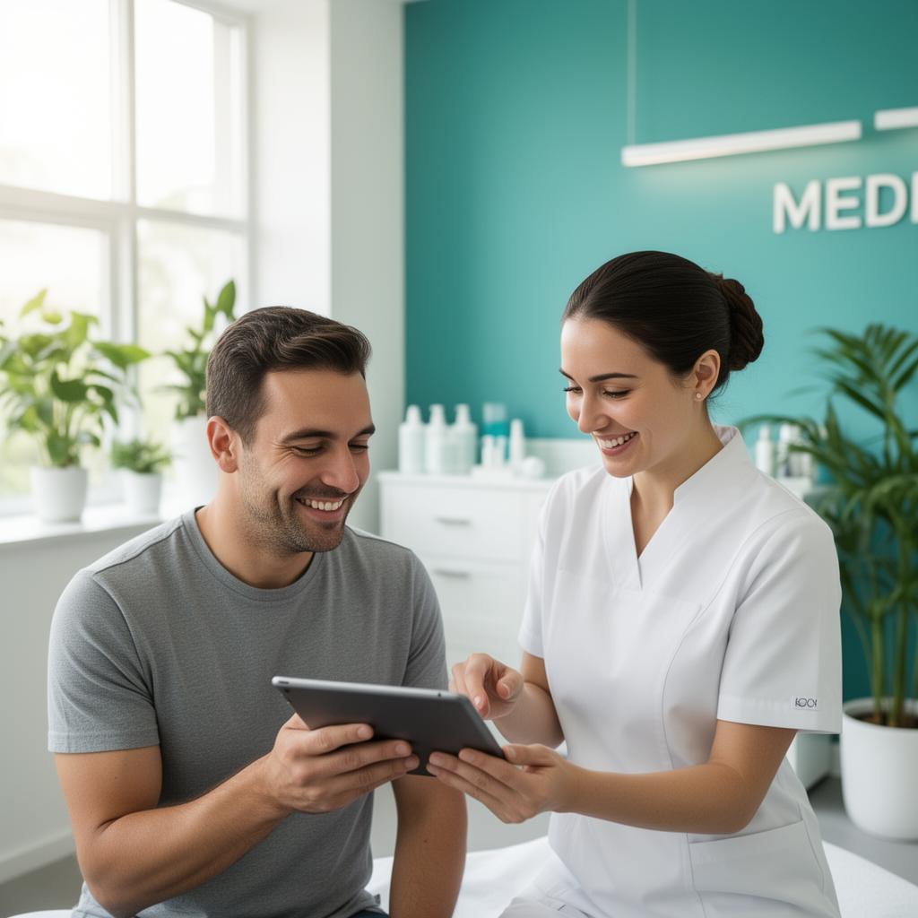 Practitioner consulting with happy client about IHHT treatment