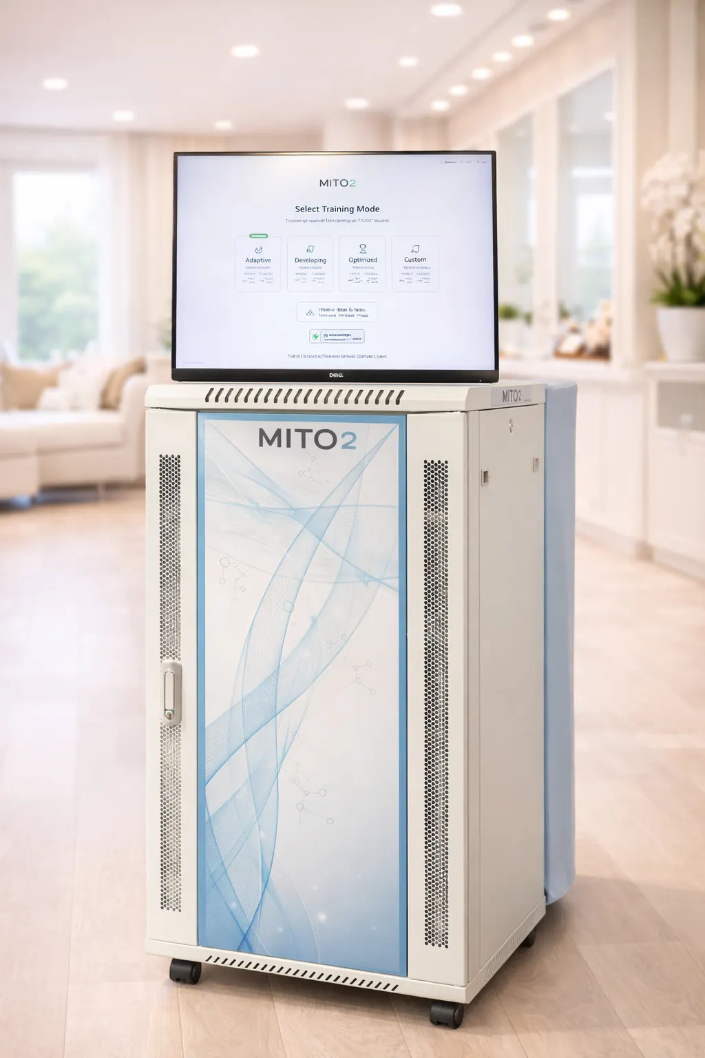 Mito2 Responsive Oxygen Training (Altitude Therapy / IHHT) cabinet front view, turnkey altitude training equipment for wellness facilities