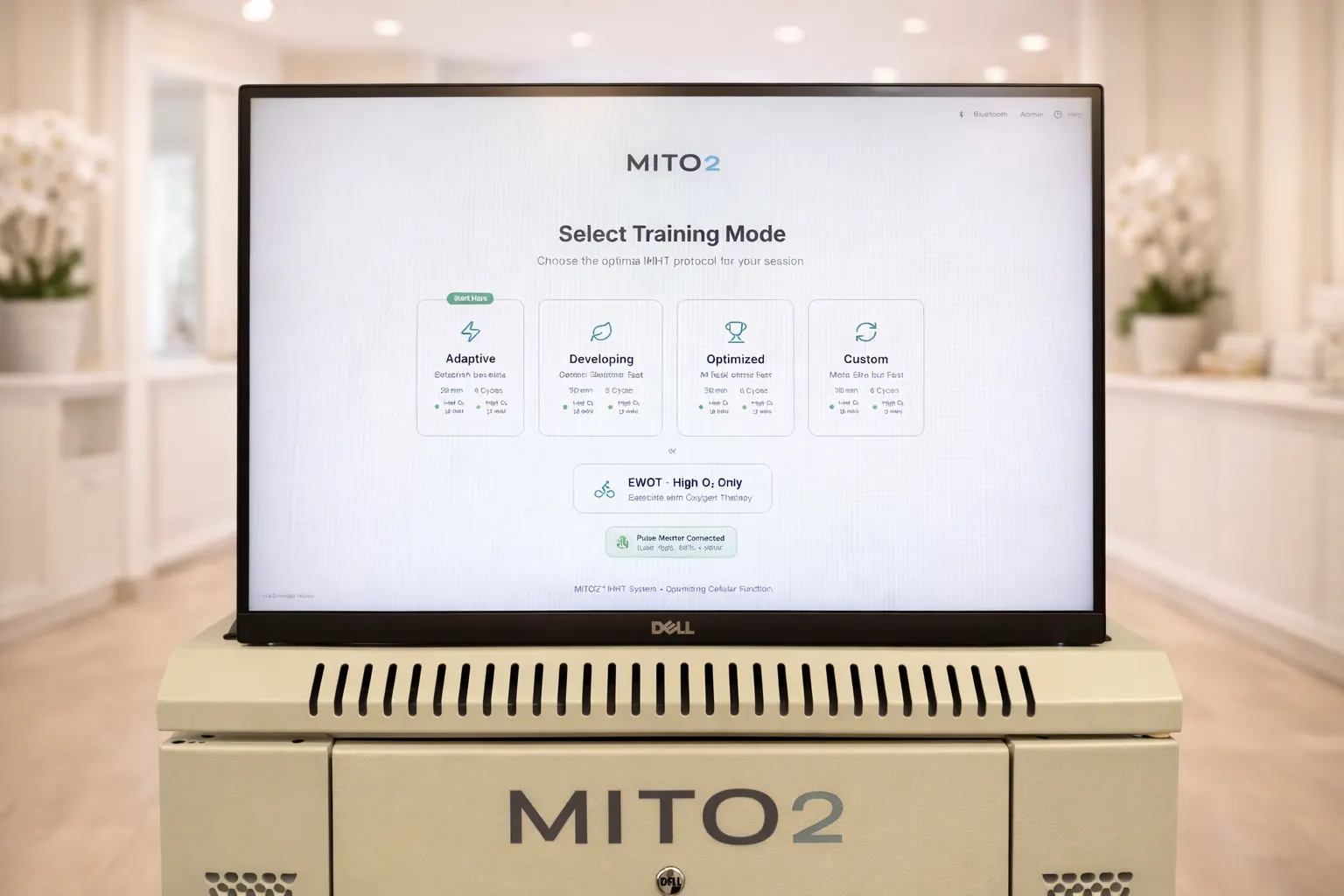 Mito2 Responsive Oxygen Training (Altitude Therapy / IHHT) touchscreen interface, Select Training Mode for responsive oxygen therapy
