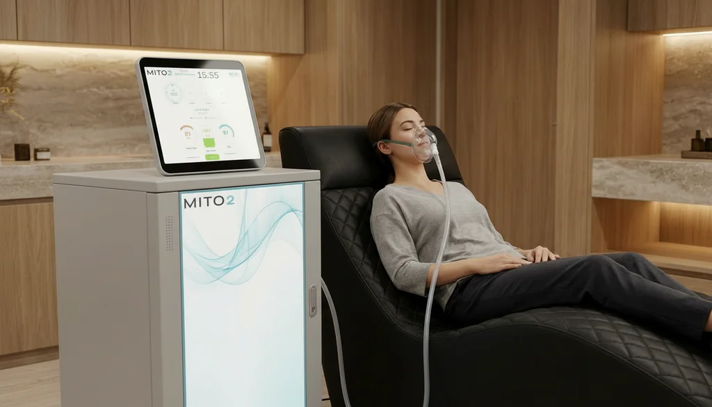 Mito2 Responsive Oxygen Training (Altitude Therapy / IHHT) session, woman relaxing during responsive oxygen training in a luxury wellness facility with real-time biometric display