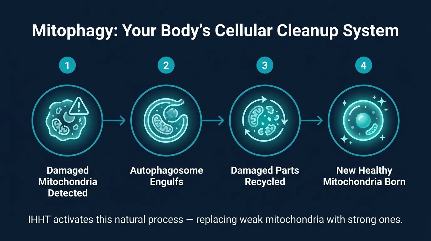 Mitophagy 4-step infographic: 1. Damaged Mitochondria Detected, 2. Autophagosome Engulfs, 3. Damaged Parts Recycled, 4. New Healthy Mitochondria Born
