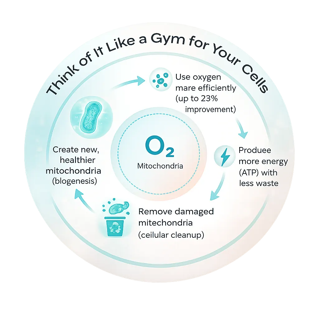 Think of It Like a Gym for Your Cells, oxygen efficiency, ATP production, cellular cleanup, and biogenesis cycle